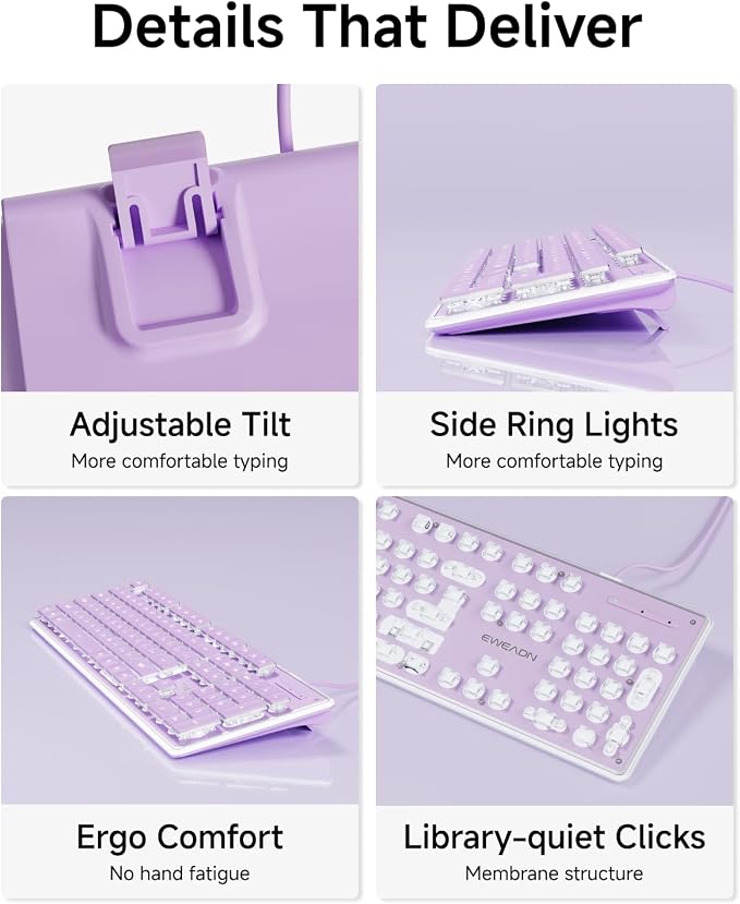 SEUNKWANG Wired Backlit Keyboard with Pudding Keycaps, Quiet Full Size Computer Keyboard White Backlight Easy-to-Read, Never Fade, Metal Panel, USB Cute Desk Setup for Windows PC Desktop, Purple