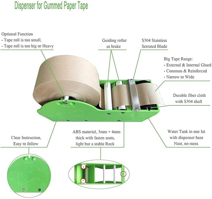 WELSTIK Water Activated Gummed Kraft Paper Tape Packaging Dispenser 3 Inch Green for Shipping, Carton and Box Sealing