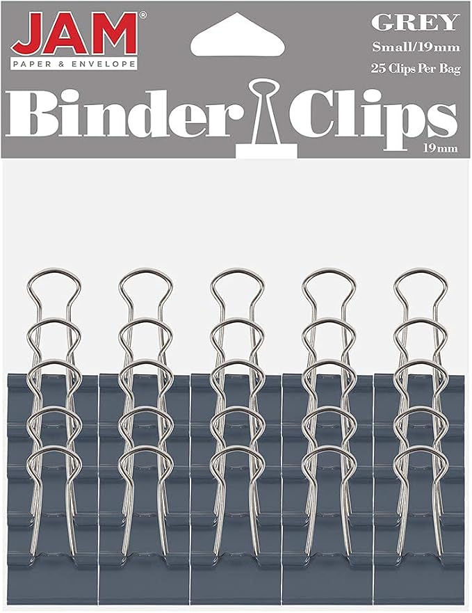 JAM PAPER Colorful Binder Clips - Small - 3/4 Inch (19 mm) - Grey Binderclips - 25/Pack