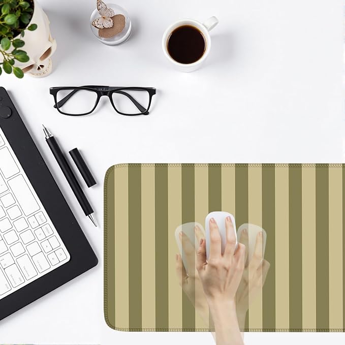 Olive Yellow Striped Desk Mat Cute Pastel XXL Large Gaming Mouse Pad Desk Pad Kawaii Cozy Aesthetic Keyboard Laptop Computer Mat 31.5 x 15.7 Inch