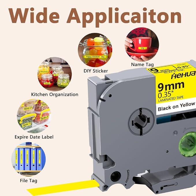 Hehua TZ621 3PK Compatible for Brother 9mm Label Maker Tape Black on Yellow | 3/8 inch;3/8';0.35';0.35 inch;TZe 621;Black on Yellow;9mm Label