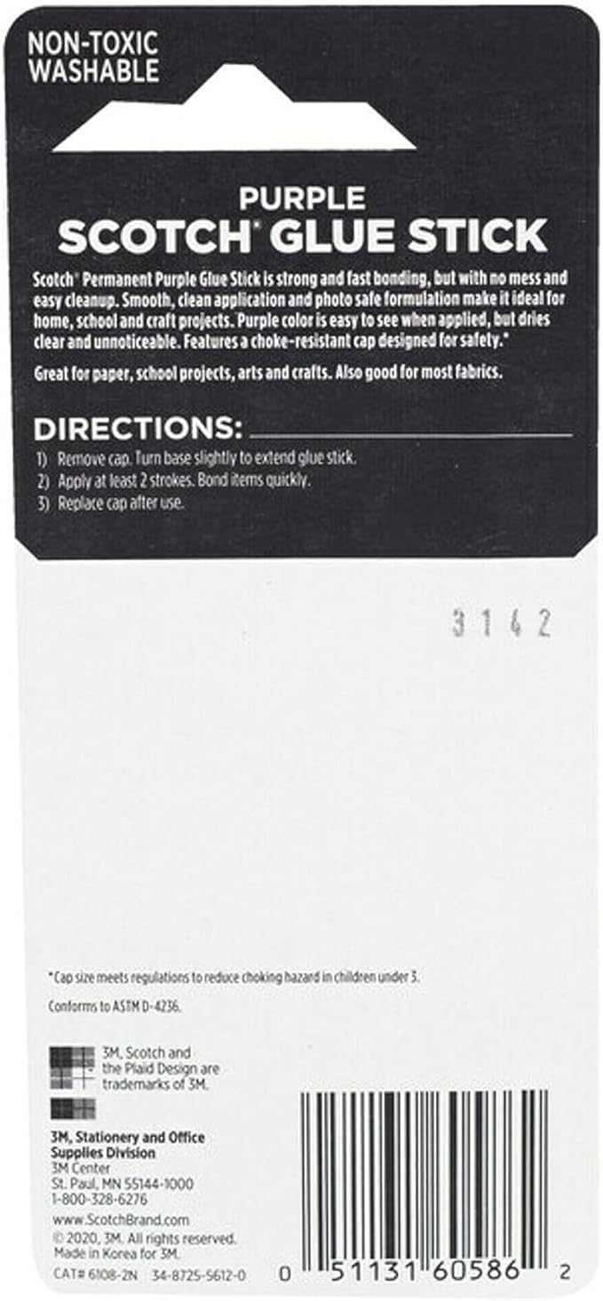 Scotch Purple Glue Stick 6108-2N – .28 Ounce, Acid-Free, Non-Toxic, Dries Clear, Ideal for Paper and Fabric Projects, 2-Pack