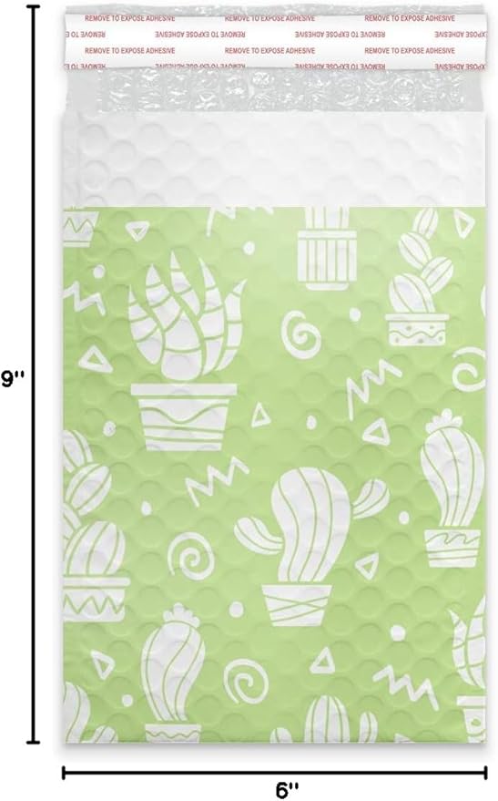 #0 6x9 (20pcs) Green Cactus Designer Self Seal Poly Bubble Mailers Shipping Envelopes Padded Bags