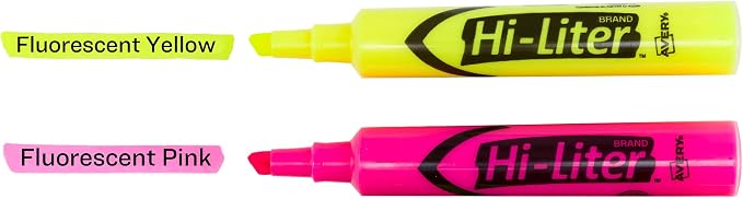 Avery Hi-Liter, Desk Style, Chisel Tip, 24 Pink and Yellow Highlighters (98189)