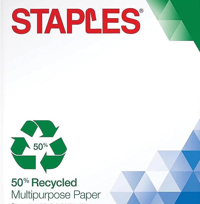 Staples 50 Percent Recycled Multipurpose Paper, 8 1/2" x 11", Ream, For Office, School & Home