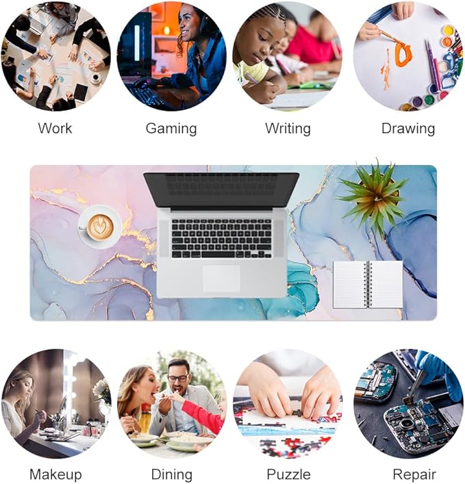 QiyI PU Leather Large Mouse Pad, 31.5" x 11.8", Blue Pink Fluid | Desk Décor Accessories, Extended Size, Waterproof & Easy to Clean, Smooth Surface, Non Slip Desk Organization