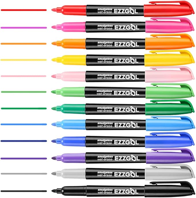 12-Color Bullet Tip Wet Erase Markers for Transparency, Whiteboards, Glass and More - Wipe with Water