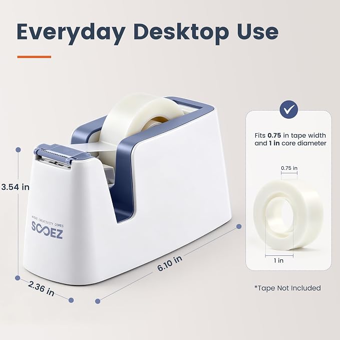 Sooez Aesthetic Tape Dispenser, Tape Holder Cutter, Everyday Desktop Use | One-Handed Use, One-Piece Core and Holder, Hidden Blade, Weighted Base, Non-Slip Pads, Fits 0.75" Tape, Office School Home