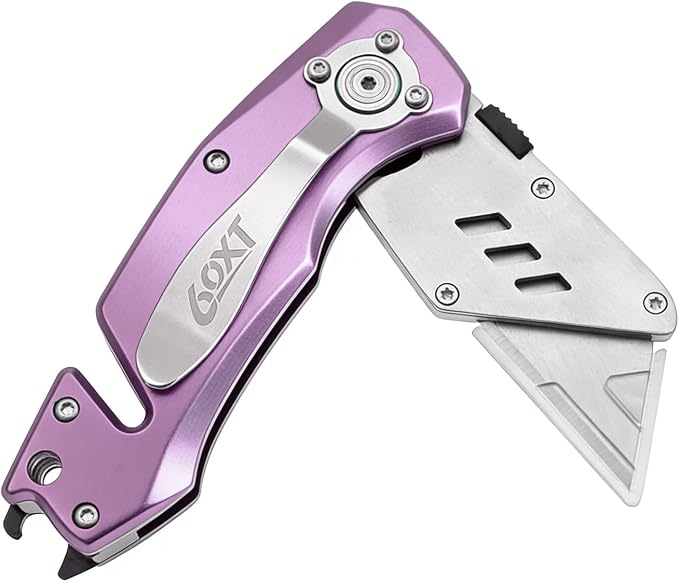 Utility Knife Folding Safety Lock Quick Change with 10 Extra SK5 Replacement Blade Lightweight Aluminum Handle & Pocket Clip Multi-Use Box Cutter Office Home Art Diy Great Gift Choice (UPG.V.Purple)