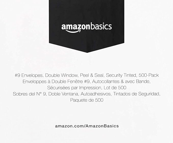 Amazon Basics #9 Security Tinted Double Window Envelopes for Invoices and Documents, Self-Seal, 3-7/8" x 8-7/8", White, 500-Pack