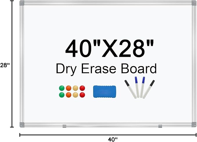 Dry Erase Board for Wall Aluminum Presentation Magnetic Whiteboard with Long Pen Tray, Wall-Mounted White Board for School, Office and Home (40"x28")