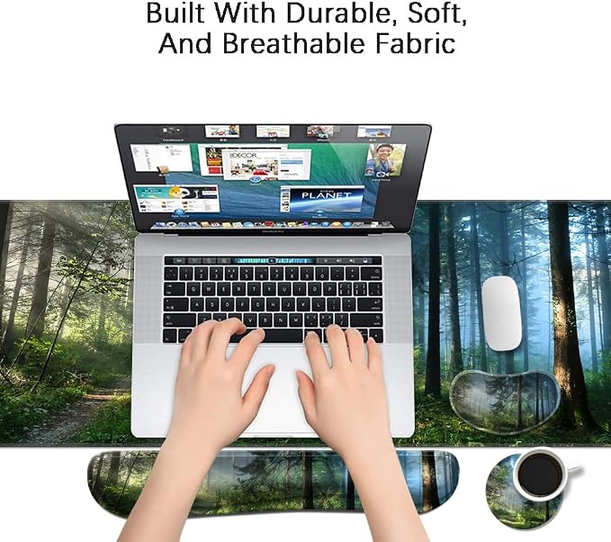 MIBITRI Keyboard Mouse Pad Set, Extended Gaming Mouse Pad+Ergonomics Keyboard Wrist Rest Support, Memory Foam, Easy Typing Pain Relief, 3Pcs XXL Ultra Thick Desk Mat, Forest in The Morning
