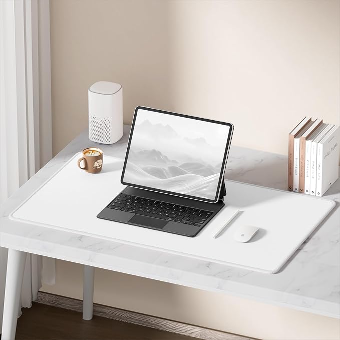 Hsurbtra Desk Pad, 32" x 16" Premium-Textured Desk Mat, Stitched Edge Anti-Slip Waterproof Rubber Mouse Pad, L Extended Computer Mat for Office Gaming Laptop Keyboard Ivory White