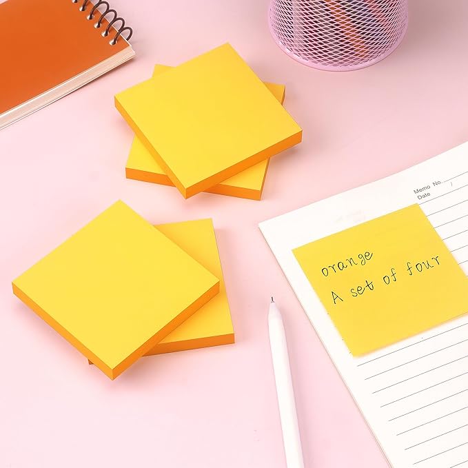 Sticky Notes 3x3 in, Self-Adhesive Note, 4 Pads, 100 Sheets/Pad (Orange) | Perfect for Home, Classroom, and Workplace Organization