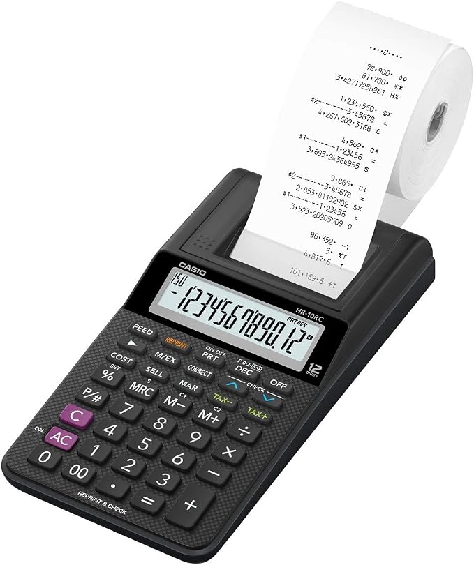 Casio HR-10RC Mini Desktop Printing Calculator, Black | Portable, 12-digit display, one-color printer, tax & currency; ideal for bookkeeping