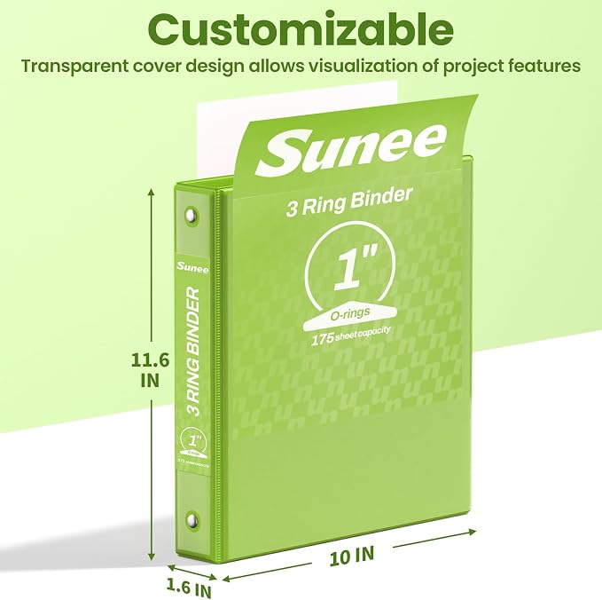 SUNEE 3 Ring Binder 1 Inch 1 Pack, Clear View Binder Three Ring PVC-Free (Fit 8.5x11 Inches) for School or Office Supplies, Tender Green