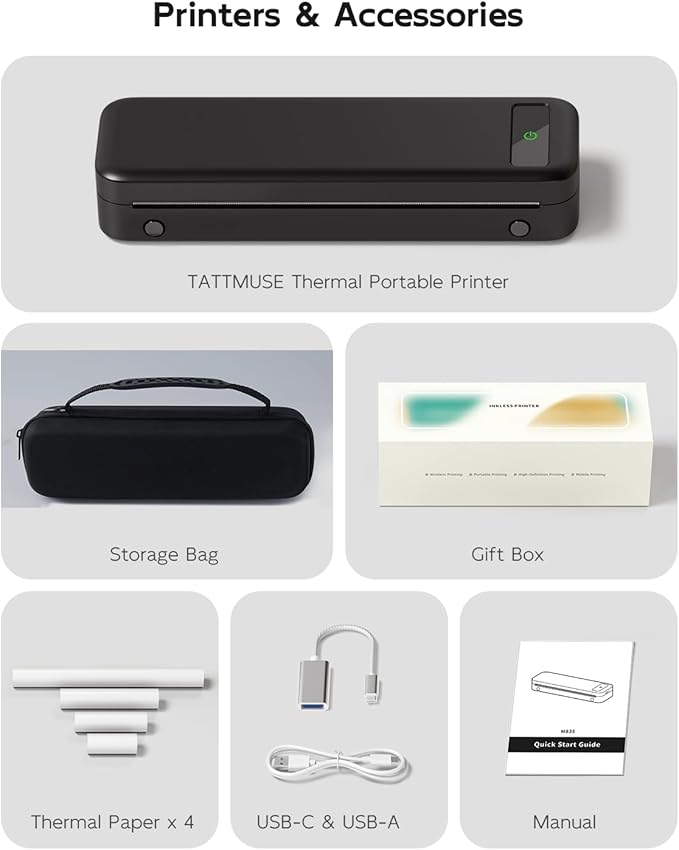 Portable Printers Wireless for Travel, Inkless Thermal Printer with Case | Support 8.5" X 11" US Letter, with 4 Rolls Thermal Paper, Small Bluetooth Mobile Printer for Phone Laptop Home Office School