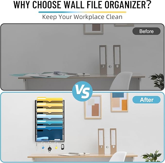 7-Tier Hanging Wall File Organizer with Hooks, 2 Pack | Mesh Wall File Holder, Mail Organizer Wall Mounted for Papers, Documents, Folders and Magazines in Home Office, Classroom