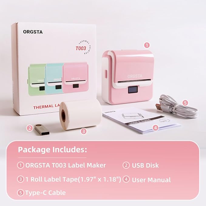 ORGSTA Label Maker Machine with Tape, 3 Inch Bluetooth Label Printer T003 | Compatible with Phone & PC, Sticker Printer for Small Business, Home, School, Thermal Barcode Printer with Multiple Templates