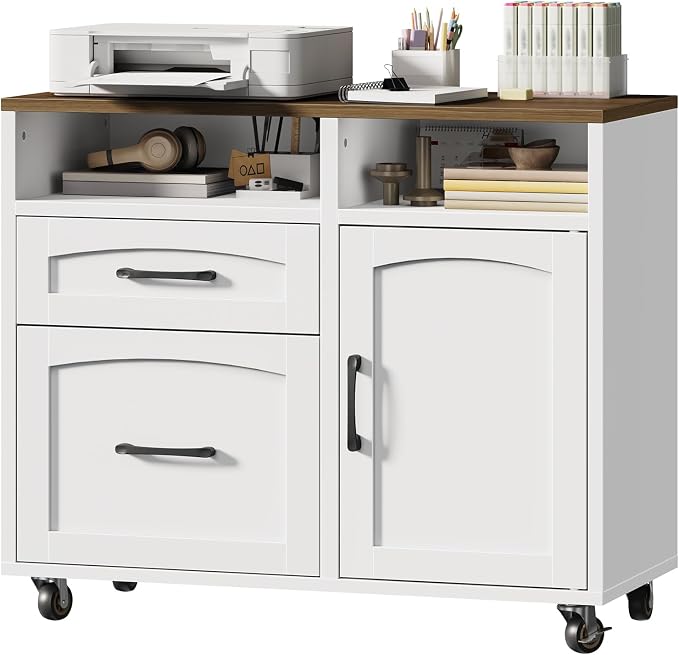Lateral File Cabinet 2 Drawers, Filing Cabinets for Home Office | Rolling Office Storage Cabinet with Drawers, Fits A4/Letter-Sized Files, Printer Stand with Storage, Modern, White and Walnut