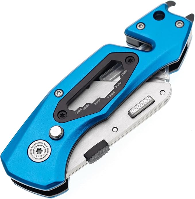 Utility Knife Folding Safety Lock Quick Change with 10 Extra SK5 Replacement Blade Lightweight Aluminum Handle & Pocket Clip Multi-Use Box Cutter Office Home Art Diy Great Gift Choice (Upg V. Blue)