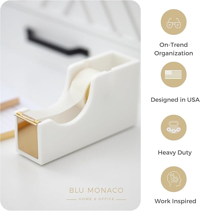 BLU MONACO White and Gold Tape Dispenser | Acrylic Desktop Tape Cutter with Smooth Blade & Weighted Non-Slip Base | Fits Standard & Large Rolls | Cute Desk Accessory for Office & Home