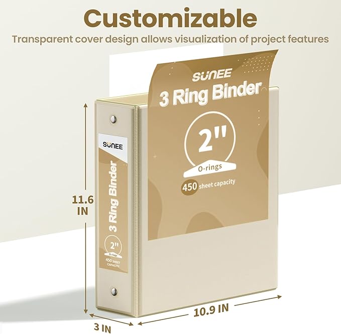 SUNEE 3 Ring Binder 2 Inch 4 Pack, Clear View Binder Three Ring PVC-Free (Fit 8.5x11 Inches) for School or Office Supplies, Neutral Aesthetic
