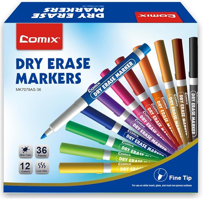 Comix Dry Erase Markers, Fine Tip Whiteboard Markers, 36 Count 12 Colors | Low Odor, Non-toxic, Smooth Writing, Easy to erase, Suitable for Classroom, Teachers, Office, School Supplies