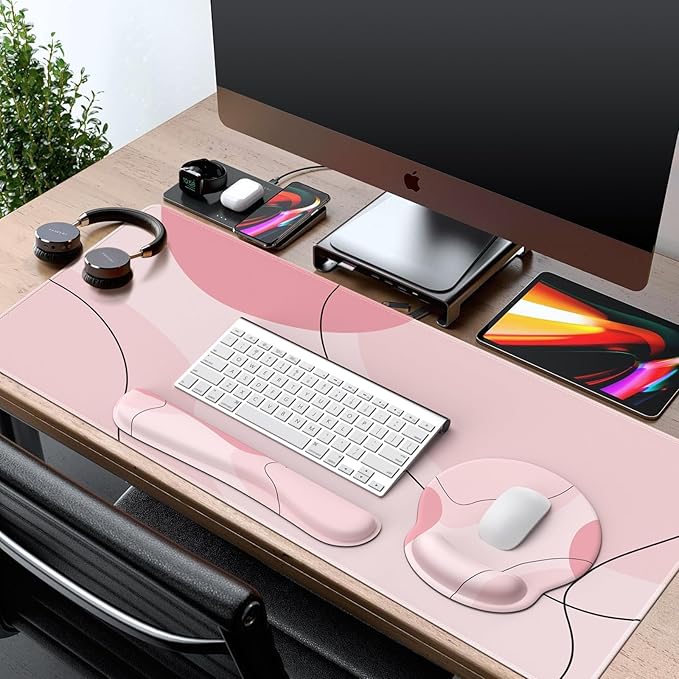 iCasso Pink Art 4in1 Desk Mat, 35.4"x15.7" Keyboard Pad for Travel | Dreamy Ergonomic Desk Pad Including Keyboard Wrist Rest, Mousepad Set for Women Workspace Table Computer Setup