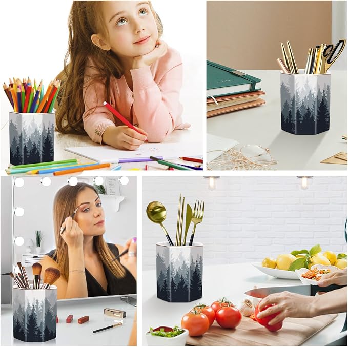 Pencil Pen Holder for Desk, Cute Makeup Brush Holder, Desktop Supplies and Accessories for Women Students, Art Supply Caddy, Forest Pattern