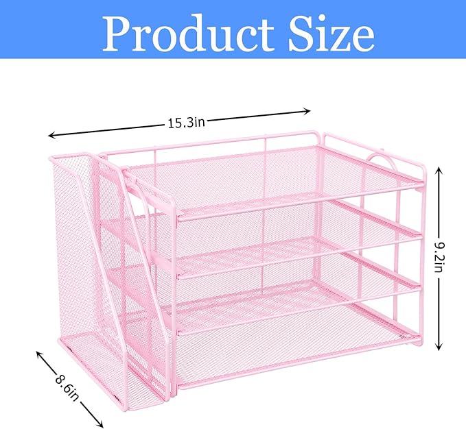 gianotter 4-Tier Paper Organizer With Magazine Holder | Desk Organizers and Accessories, File Organizer for Office Supplies Storag (Pink, 4-Tier)