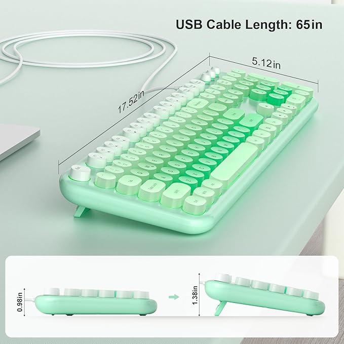 Computer Keyboard Wired, Plug and Play USB Retro Round Typewriter Keyboard, Full Size Wired Keyboard with Foldable Stands for Laptop and Office PC