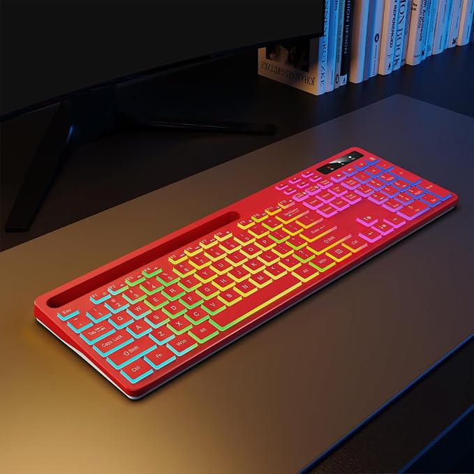 Soueto Wireless Keyboard with 7-Color RGB Backlit, Full-Size Computer Keyboard with Phone Tablet Holder, 2.4G Rechargeable Gaming Keyboard with Light Up Keys, Compatible with Mac, Windows (Red)