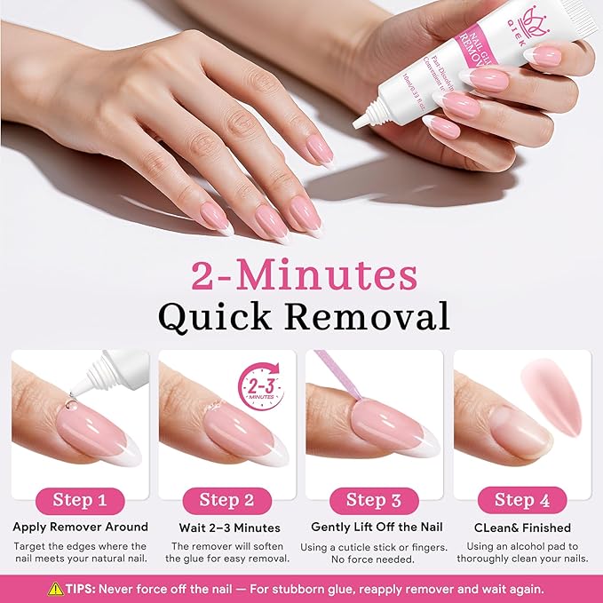 No-Lamp Nail Glue & Remover Set for Press Ons, 10ml Quick Dry 28 Days Super Strong Hold Glue on Nails, 10g Gentle Easy Removal with Tools Set for Beginner DIY Home, Not for Gel Polish Base Coat
