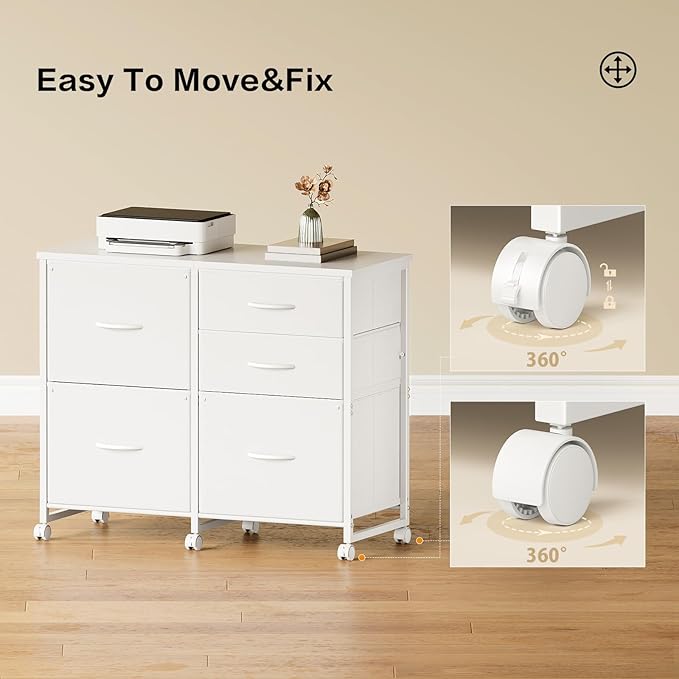YeTom Lateral File Cabinet with 5 Drawers Rolling Filing Cabinets Under Desk Storage Printer Stand with Wheels,Mobile File Cabinet for Home Office,White