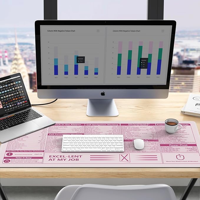 iCasso Excel Cheat Sheet Desk Pad, Pink Excel Shortcuts | Excel Mouse Pad Shortcuts, Excel Shortcuts Cheat Sheet Keyboard Mat, Extended Large XXL Non-Slip mousepad with Stitched Edges