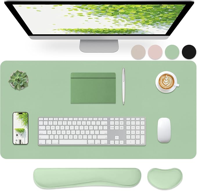 Desk Mat Set, Wrist Rest for Computer Keyboard, 3-in-1 Large Mouse Pad and Keyboard Wrist Rest Set, Non-Slip Desk Mat Protector for Office, Home(27.5×13.8 Inches, Lake Green)