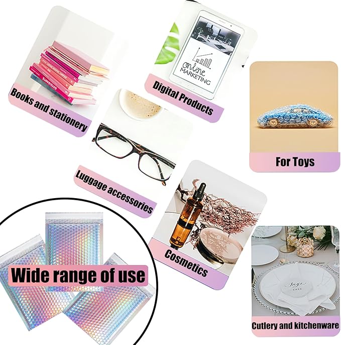 25 PCS Holographic Bubble Mailers,8.5x12 Inch Poly Padded Envelopes,Metallic Bubble Mailers,Waterproof Shipping Bags,Self Sealing Cushion Envelopes for Mailing Packaging Small Business