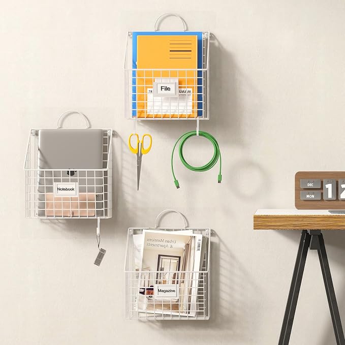 4 Packs Hanging Wall File Organizer with Hooks, Magazine Rack ,Mail Basket | Mesh Wall Mounted File Holder with Handles, Home Office Organization for Papers Folder Files, No Assembly Required, White