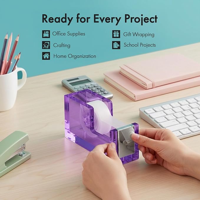 OfficeGoods Acrylic Tape Dispenser, Aesthetic and Compact Design, Purple | Modern desk accessory for office, Heavy duty refillable tape holder for crafting, Stylish desktop accessory for gift wrapping