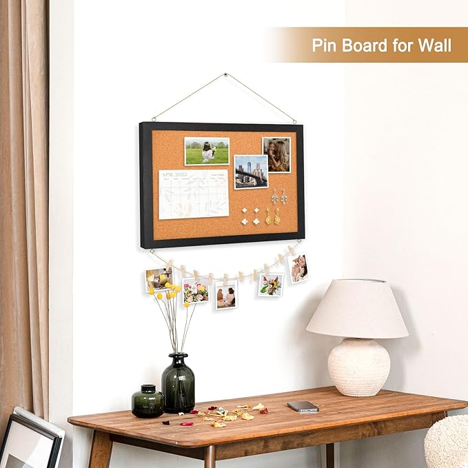Double-Sided Small Wood Framed Cork Board for Wall, 16" x 12" | Hanging Bulletin Board, Picture Display Vision Board Corkboards for Wall Room School Office Decor, 10 Pushpins (Black)