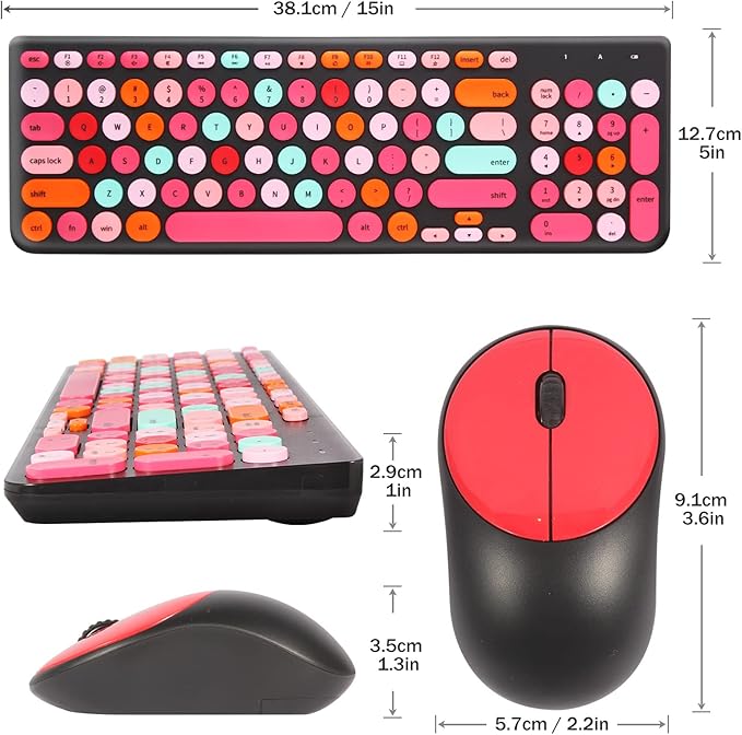 Wireless Keyboard and Mouse Combo, Retro Typewriter Keyboard with Round Keycaps, 2.4GHz USB Cute Wireless Keyboard Mouse for Computer, Desktop, Laptop and Computer (Black-Colorful)