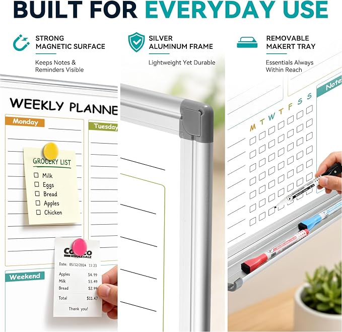 Weekly Dry Erase Calendar Whiteboard with Corkboard, 30" x 20", Silver | Magnetic, White Board Cork Board Combo, Double Sided, Wall Mounted, Aluminum Frame, for Home, Office, Kitchen, Dorm