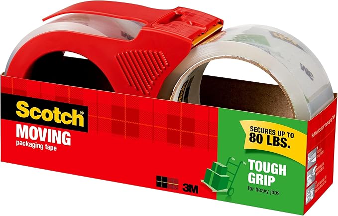 Scotch Tough Grip Moving Packing Tape, Clear, Moving Tape that Secures Boxes up to 80 Pounds, 1.88 in. x 54.6 yd., 2 Tape Rolls with 1 Dispenser | (Pack of 3)