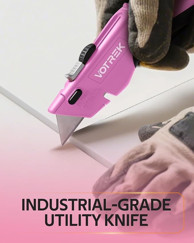 VOTREK® Box Cutter Utility Knife, 2-in-1 Safety Retractable Box Cutter for Women, Quick Change Razor Knife for Home, Office & DIY, Blade Storage Design, with Extra Sharp Razor & Hook Blades (Pink)