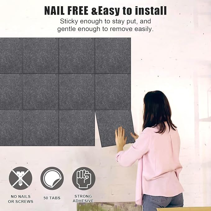 48" x 36" Felt Bulletin Board & Cork Board Alternative, Dark Gray | 12 Pack Removable Felt Wall Tiles with 30 pushpins, 60 Safe Adhesive Tabs, Pin Boards for Wall Decor, Home ,Office, Classroom
