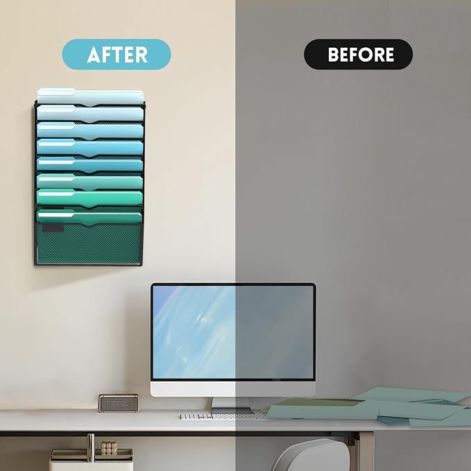 8-Tier Wall File Organizer, Wall Mounted Mail Sorter, 2 Pack | Metal Mesh Hanging File Organizer with Open Compartments and Label Panels for Papers and Folders at Home, Office or School