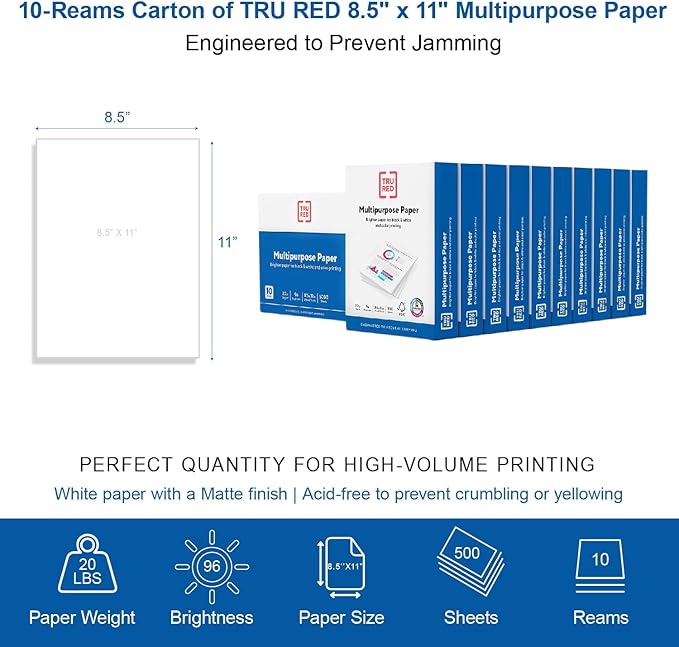 TRU RED Printer Paper, 8.5 x 11 Inch, 20 lb., For Office, School & Home | Reliable multipurpose white paper sized for everyday printing, copying, and faxing needs.