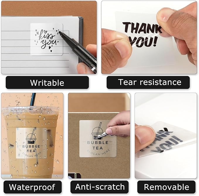 Transparent Thermal Labels 2 × 2 Inch Waterproof Stickers 300 PCS | Strong Adhesive, Oil-proof, Tear resistance, Perforation, Printable vinyl clear decal for small business home office barcode