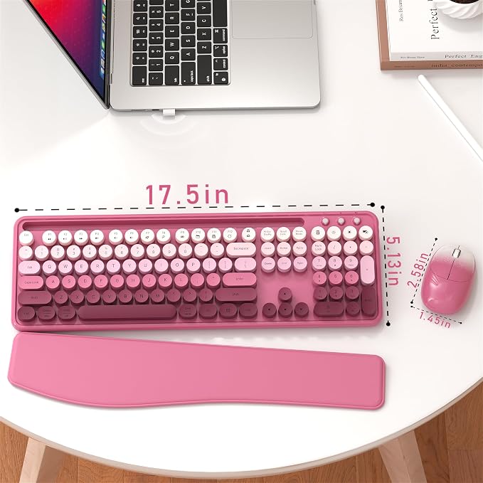 Wireless Keyboard and Mouse Combo with Phone Holder (Rose-Red Colorful) | MPTOG Colorful Typewriter Keys with Wrist Rest, , 2.4GHz Wireless, Full-Sized Optical Mouse for PC and Laptop
